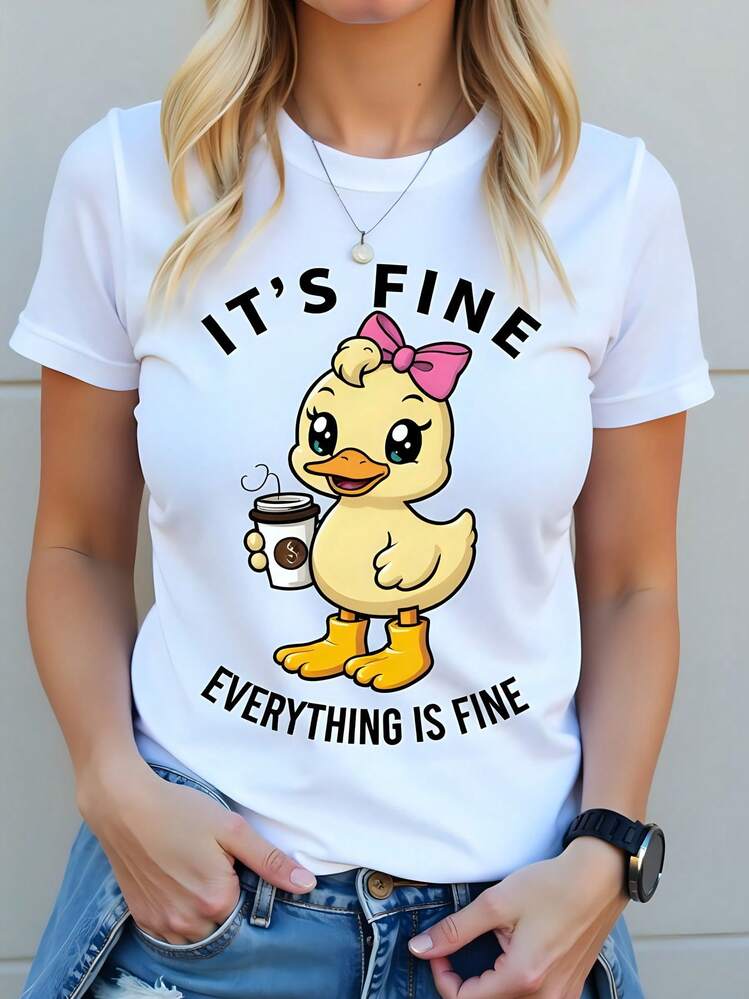 Camiseta de mujer blanca con estampado de pato "It's Fine Everything Is Fine", 180g, algodón, cuello redondo, manga corta, diseño casual ideal para el verano, estilo divertido y juvenil. - Blanco - Añade 1