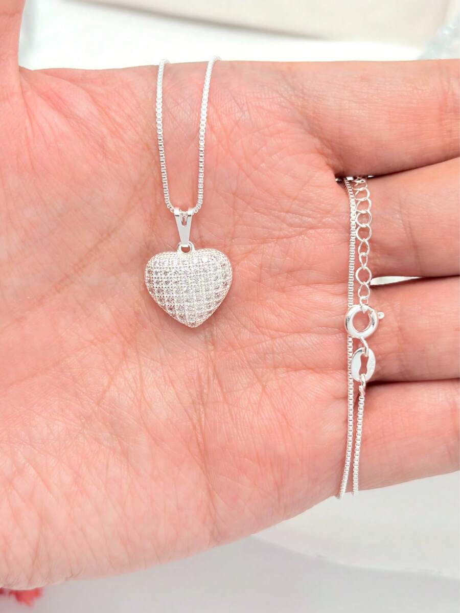 Elegant Necklace For Women With Heart-Shaped Pendant Inlaid With Zirconia. 925 Silver Plated, Hypoallergenic. - 銀色 - 查看 1