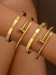 1 件/4 件时尚优雅简约不锈钢金色手链套装，饰有水钻、三叶草、心形钉子，18K 镀金，适合日常和派对佩戴 - 彩色 - 查看 7