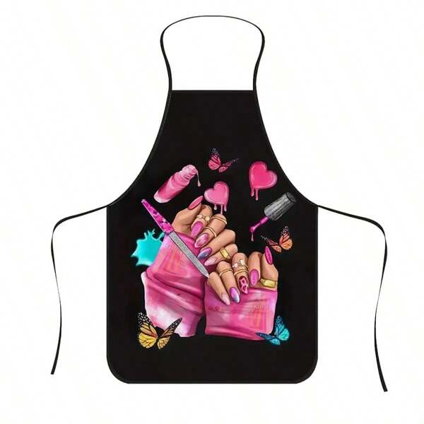 1pc Colorful Butterfly & Lipstick Printed Apron, Durable Polyester Material Suitable For Cooking, Grilling, Gardening, Painting, Nail Art, Unisex For Indoor & Outdoor Use
