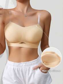 女士无缝文胸，无钢圈，带衬垫聚拢文胸，柔软舒适 - 杏色 - 查看 5