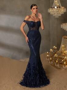 Faeriesty Elegant One-Shoulder Evening Gown With Back-Tie Closure & Mermaid Hemline Dramatic Train, And Luxurious Embellishments For Award Ceremonies, High-Fashion Weddings