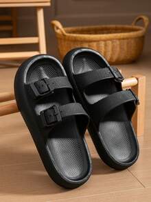 Unisex Plain Color Buckle Open Toe Sandals, Breathable, Non-Slip, Durable EVA Sole, Adjustable Strap, Comfortable Thick Bottom Shoes - Suitable For Indoor & Outdoor Use - Black - View 5