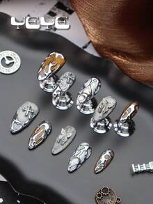 Bộ 10 móng giả acrylic hình hạnh nhân hiện đại màu nâu mắt mèo lấp lánh đen 3D trang trí mạ bạc kiểu Bohemian, móng giả acrylic phủ toàn bộ kiểu nàng tiên cá màu trắng mạ crôm hình bướm chữ thập kiểu Bắc Âu, bộ móng giả mùa hè, phù hợp cho phụ nữ và bé gái, móng tay thủ công cổ điển, bao gồm 1 dũa móng mini và 1 miếng dán, dụng cụ làm móng nghệ thuật. - Bạc - Xem 2