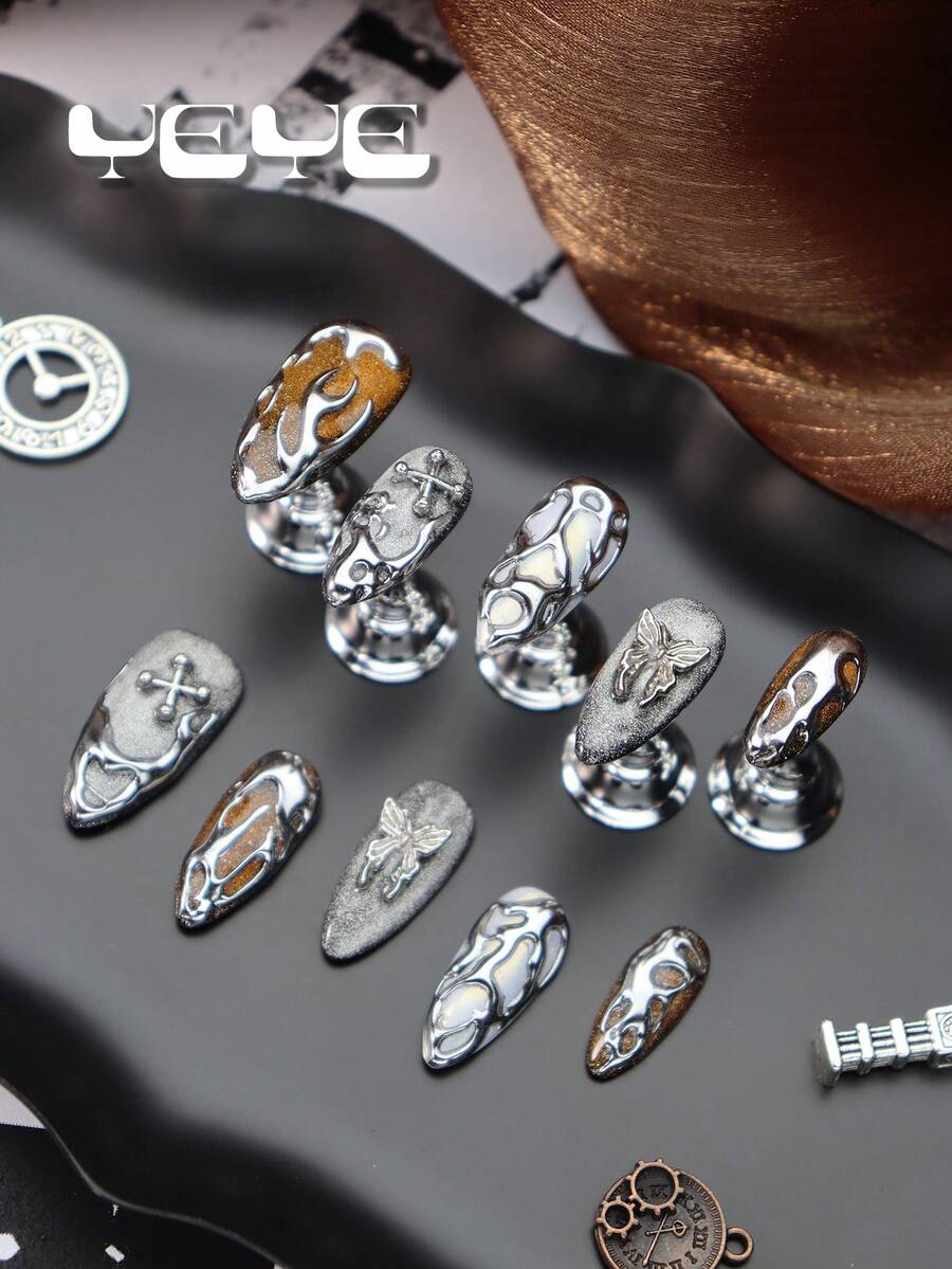 Bộ 10 móng giả acrylic hình hạnh nhân hiện đại màu nâu mắt mèo lấp lánh đen 3D trang trí mạ bạc kiểu Bohemian, móng giả acrylic phủ toàn bộ kiểu nàng tiên cá màu trắng mạ crôm hình bướm chữ thập kiểu Bắc Âu, bộ móng giả mùa hè, phù hợp cho phụ nữ và bé gái, móng tay thủ công cổ điển, bao gồm 1 dũa móng mini và 1 miếng dán, dụng cụ làm móng nghệ thuật.