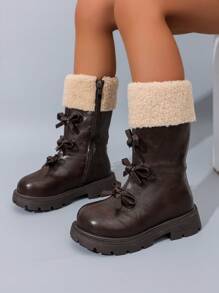 5-18 Years Old Girls' Fashion British Style Vintage Mid-Calf Boots, Thermal Lined V-Neck Warm Winter Boot With Cute Bow, Versatile & Soft, Rubber Sole Outdoor Anti-Slip Wear-Resistant Children Long Tube Boot, 2025 New Brown Matte High Tube Boots