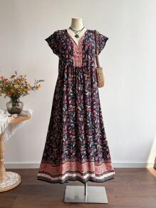 Rusttydustty A Long, Loose, Casual And Vacation Floral Dress With A V-Neck For Womenboho Easter Beach Outfits Hawaii Coachella Music Festival Tropical Vacation