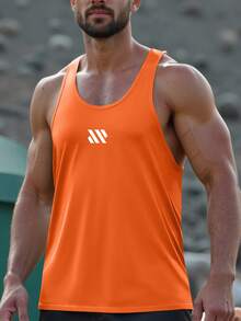 男士工字背心，镂空设计展现手臂肌肉线条，适合夏季健身房力量训练和户外跑步 - 橘色 - 查看 5