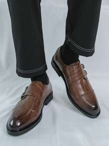 Men's Retro Double Breasted Wingtip Dress Shoes With Square Toe, Fashionable Casual Wedding Shoes