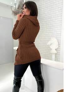 Women's Winter Coat Cardigan Hooded And Pocket Knit Kimono - 鏽棕色 - 查看 3