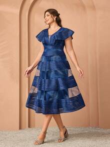 Mgiacy、新品、V领、荷叶袖、印花网眼、领带、渐变密度、高端晚礼服、黑色领带活动礼服 - 寶藍色 - 查看 4