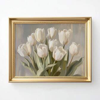 1pc, Wall Art, Vintage Poster, White Tulip Print, Oil Painting Botanical Flower Style Painting, Living Room Decor, Bedroom Decor Aesthetic, Room Decor, Housewarming Gift, Frameless