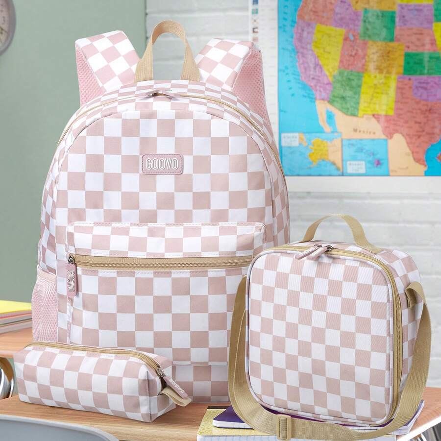 3pcs Kids Backpack Set For Girls School Bags Large Capacity Boys Printing School Backpack Set Rucksack Bagpack Kids Cute Book Bags, Casual Outings, Casual Student Bag - Lotus Root Starch Grid - View 1