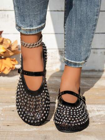 秋冬镂空透气全钻玛丽珍平底鞋女2025夏季新款时尚法式软底一脚蹬正装鞋