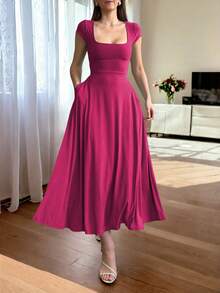 Glamful Elegant Commute Casual Basic Elegant Solid Color Knit Fabric Drawstring Summer Dress - Hot Pink - View 3