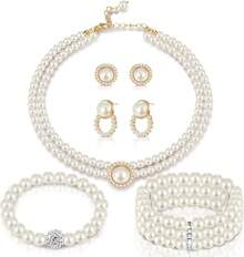 Glenmal Pearl Rhinestone Jewelry Set For Women Pearl Necklace Bracelet Earrings For Wedding Birthday Bridal Shower Tea Party - Trendy Style - 查看 1