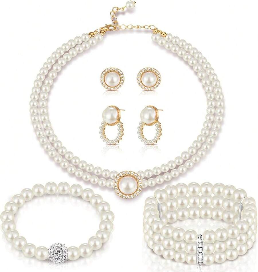 Glenmal Pearl Rhinestone Jewelry Set For Women Pearl Necklace Bracelet Earrings For Wedding Birthday Bridal Shower Tea Party - Trendy Style - 查看 1