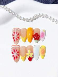 "10pcs Handmade Wearable Nail Art Set - Easy To Apply French Fruit Designs With Pearl Accent For Women And Girls, Perfect For Daily Life And Parties, Includes 2 Essential Tools"