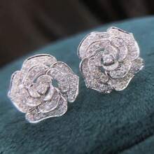 1 Pair Romantic Flower Cubic Zirconia Stud Earring ,Saretes Elegantes For Women For Wedding Engagement Anniversary Party Jewelry Valentine's Day Gift Valentines - 銀色 - 查看 2