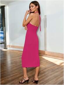 Vestido Largo Casual Escote en V y Tirantes Cruzados con Abertura en Pierna para Mujer - Rosa Neón - Ver 3