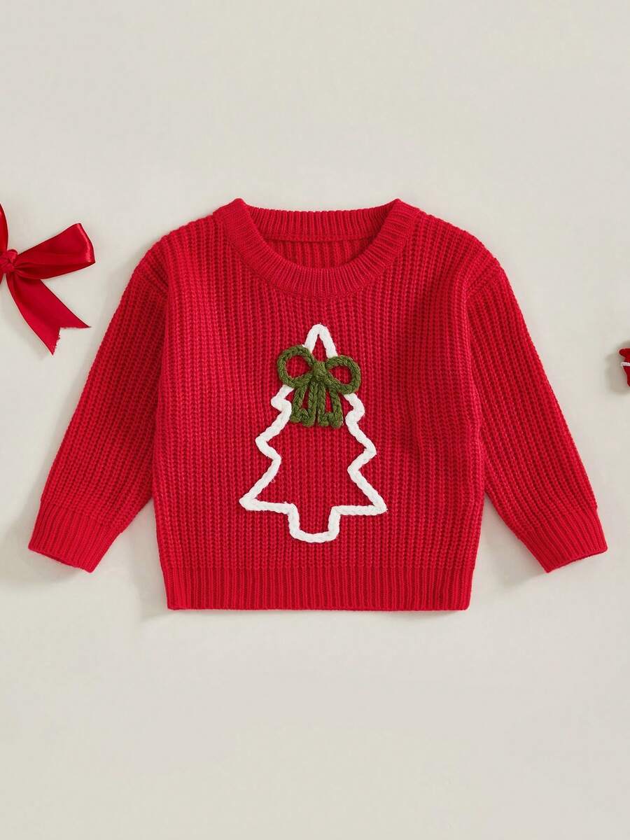 Suéter navideño para niñas pequeñas, informal, con lazo y bordado de árbol de Navidad, jersey de punto para bebés, ropa cálida - Rojo - Ver 1