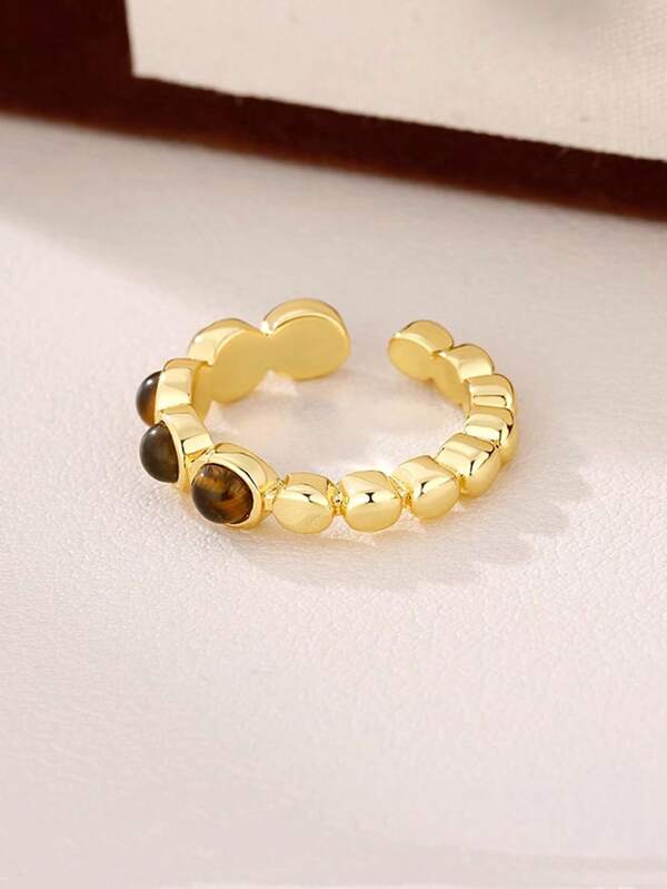 1pc Tiger Eye Stone Ring With Crushed Silver Design, Unique Classy Minimalist Jewelry, Accessory Gift
