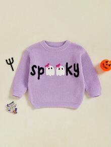 Toddler Baby Girls Halloween Knit Sweater Long Sleeve Letter Ghost Embroidery Crewneck Pullover Sweater Tops Infant Halloween Clothes - Màu tím - Xem 1