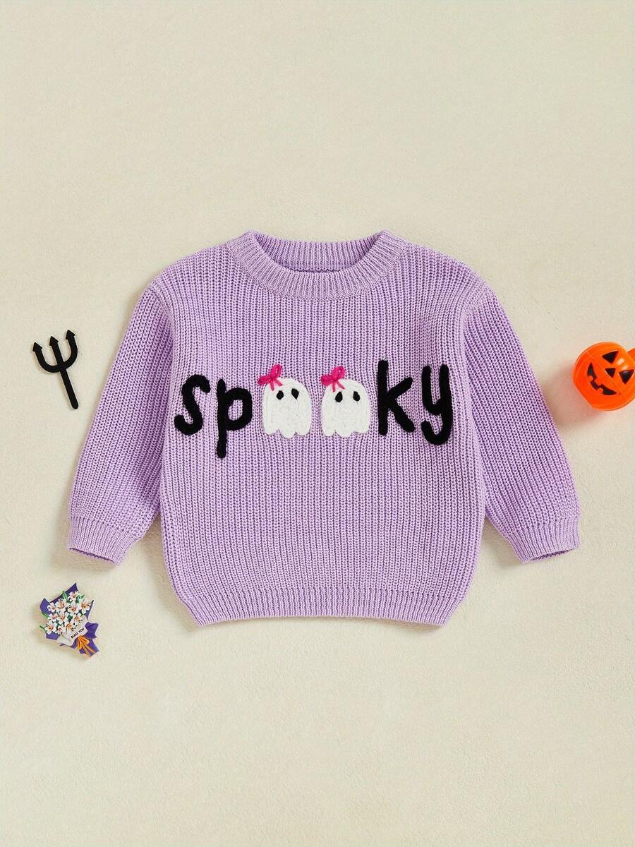 Toddler Baby Girls Halloween Knit Sweater Long Sleeve Letter Ghost Embroidery Crewneck Pullover Sweater Tops Infant Halloween Clothes - Màu tím - Xem 1