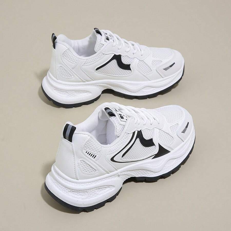 女士厚底增高运动鞋，ins风，修身防滑，轻便透气网眼休闲跑步鞋，春秋季 - 黑色 - 查看 1