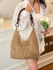 Large Capacity Portable Women's Woven Straw Shoulder Bag Medium Handbag With Handle For Beach Vacation , Summer - Light Khaki - View 3