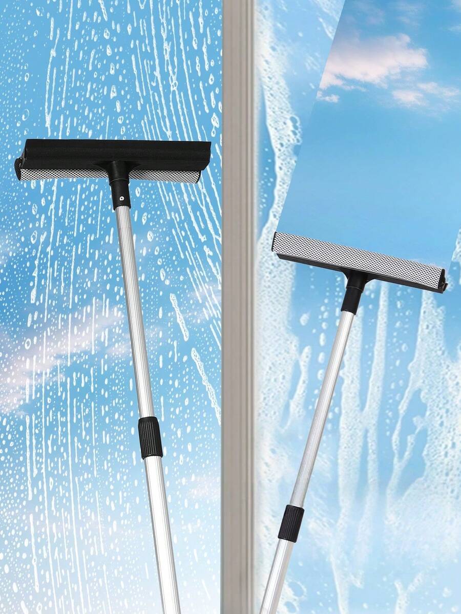 2-In-1 Telescopic Window Cleaner With Squeegee & Sponge - Extendable Aluminum Pole For Car Glass, High-Rise Windows, Shower Doors - Dual-Sided Scrubbing Tool For Home/Kitchen/Cleaning Accessories