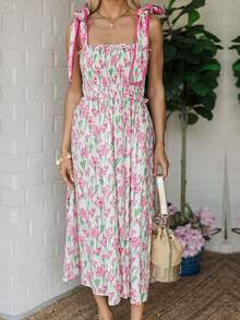 Women Summer Boho Maxi Dress Floral Tie Shoulder Flowy Long Dress Square Neck Ruffle Tiered Beach Sundress - 粉色 - 查看 2