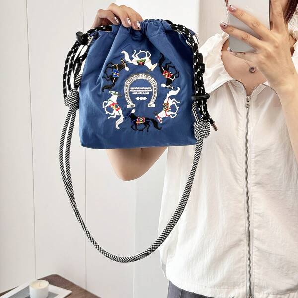 Unique Blue Wild Horse Embroidery Pattern Fortune Bags, Large Capacity Portable Shopping Tote Bag, Lightweight Foldable Handbag, Adjustable Detachable Shoulder Strap, Draw String Closure With Hooks To Prevent Leakage, Suitable For Daily Shopping, Travel, Beach