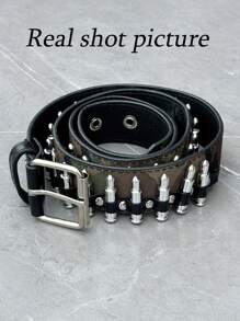 1pc Punk Rock Rivet Belt - Black Leather With Pyramid Studs & Leopard Print Bullet Head Buckle, Street Style Accessory For Daily & Holiday Outfits Summer, School Casual, Business, Boyfriend Husband Father Dad Men Gift, Daily Wear, Fashion, Teen, Outdoor, Vacation, Athletic, Travel, Street, Boho, Vintage Fall, Autumn, Halloween Autumn-Winter Accessories,Suitable For Teens, Youth,Men,Casual, Outdoor, Athletic, Vacation, Graduation Gifts, Birthday, Daily Wear
