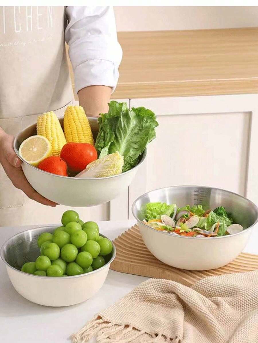 3pcs/1pc Stainless Steel Salad Mixing Bowl With Scale, Baking & Egg Beating Bowl, Vegetable Washing Basin Set - Cream - View 1