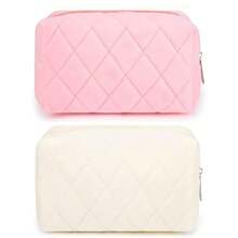 Checkered Makeup Bag Preppy Cosmetic Bag Bulk Blue Makeup Pouch Travel Toiletry Bag Organizer Cute Makeup Brushes Storage Bag Women Fashion - 柔粉色和白色 - 查看 10