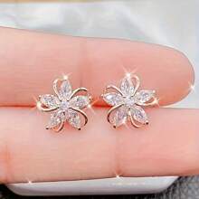 Elegant Rose Gold Cubic Zirconia Flower Earrings - Vintage Style, Stainless Steel Stud Earrings, Perfect For Daily Wear Or As A Gift For Women And Sisters, Quirky Earrings