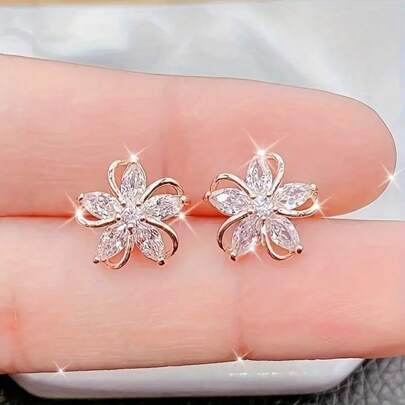 Elegant Rose Gold Cubic Zirconia Flower Earrings - Vintage Style, Stainless Steel Stud Earrings, Perfect For Daily Wear Or As A Gift For Women And Sisters, Quirky Earrings