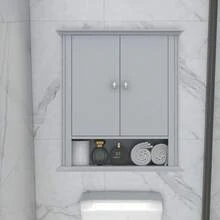 Botiquín De Baño Montado En La Pared Con 2 Puertas, Armario De Pared Colgante Sobre El Inodoro, Armario De Almacenamiento Superior Para Baño, Cocina, Lavandería, Gris Claro - Multicolor - View 6