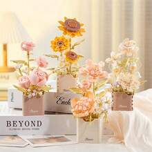 Conjunto de blocos de construção de bonsai de rosas preservadas de 1 peça, decoração para casa, planta em vaso de cravo, ornamento de jasmim, presente para o dia dos namorados, dia do professor, natal, aniversário