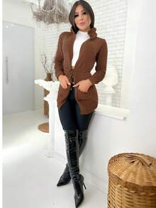 Women's Winter Coat Cardigan Hooded And Pocket Knit Kimono - 鏽棕色 - 查看 2