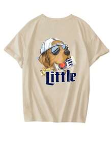 Women Summer New Stylish Striped Design Sunglasses Dog Graphic Print Casual Round Neck Short Sleeve T-Shirt, Fashionable & Versatile - Apricot - View 4