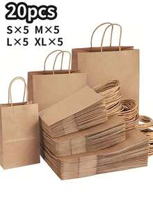 20 个棕色牛皮纸袋带手柄商务、零售、杂货、商店用品、包裹、包装和家庭厨房外卖袋 - 圣诞节