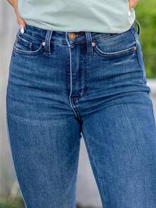 High-Waist Straight-Leg Jeans For Women - Comfortable & Versatile Blue Denim With Button Design, Stretch Fit, Elegant Fairy Style, Perfect For All Seasons Casual Wear - Classic American Denim, Machine Washable - 深色水洗藍 - 查看 3