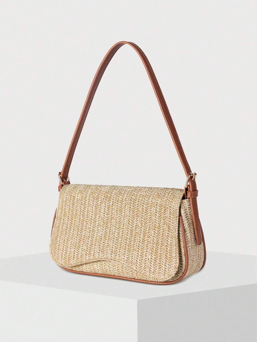 Bolso de hombro tejido, tipo hobo de paja con solapa, estilo bohemio para mujer para uso diario, vacaciones y combinar con atuendos