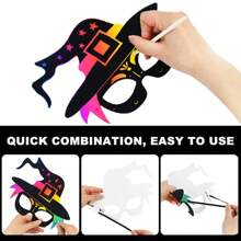 Set de 8 piezas Kit de máscaras de arañazos de Halloween DIY con papel de rascar arcoíris, máscaras y lápices de madera con cintas para decoración de fiestas de Halloween