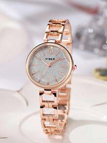 1 pieza Reloj de mujer con cara de diamante redonda, elegante y de moda. Correa de cadena de aleación versátil de acero. Reloj de cuarzo adecuado para fiestas, bodas y uso diario, el mejor conjunto de regalo para mujeres.