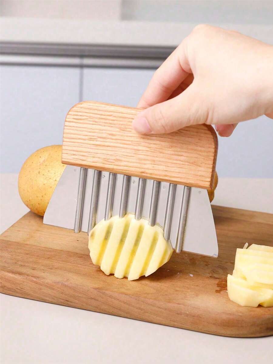 1 件不锈钢土豆切刀，木柄波浪薯条切刀，创意厨房工具波浪刀，波浪土豆切片机，感恩节/圣诞节礼物 - 棕色 - 查看 1