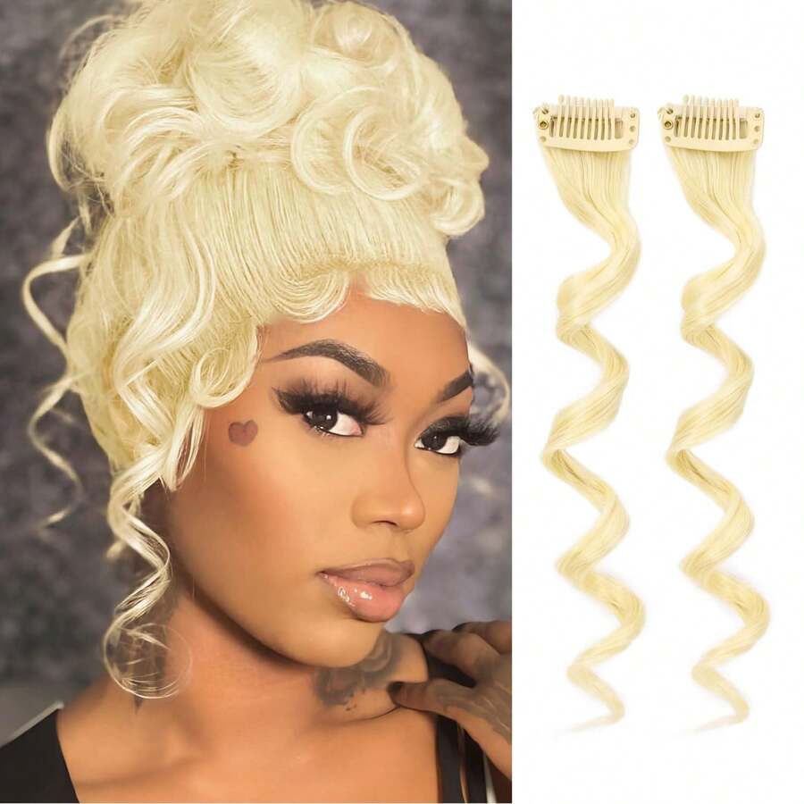 VENDAD-Long Side Bangs 2Pcs Blonde Wavy Curly Clip On Bangs For Women Wavy Bangs Hair Clip On Fringe Bangs With Temples - Blonde - View 1