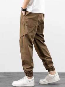 Mens Trousers Popular Casual Slim Fit Solid Color Pocket Cargo Pants Loose Wide Leg Straight Elastic High Waisted Pantalones - 卡其色 - 查看 2